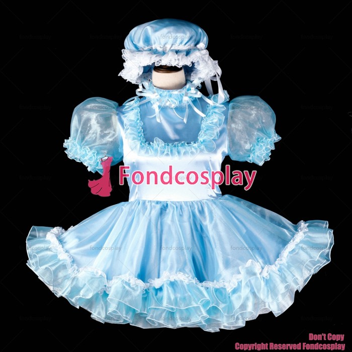 fondcosplay adult sexy cross dressing sissy maid short baby blue satin dress lockable hat headpiece Uniform CD/TV[G2399]