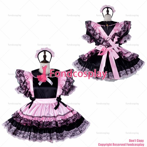 fondcosplay adult sexy cross dressing sissy maid short black satin dress lockable Uniform baby pink apron CD/TV[G2335]