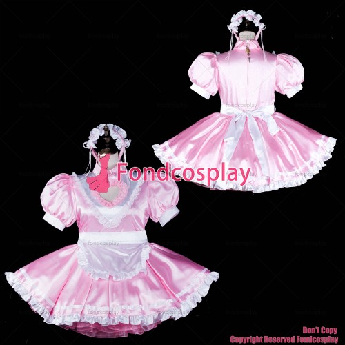 fondcosplay adult sexy cross dressing sissy maid baby pink satin dress lockable heart Uniform white apron CD/TV[G2320]