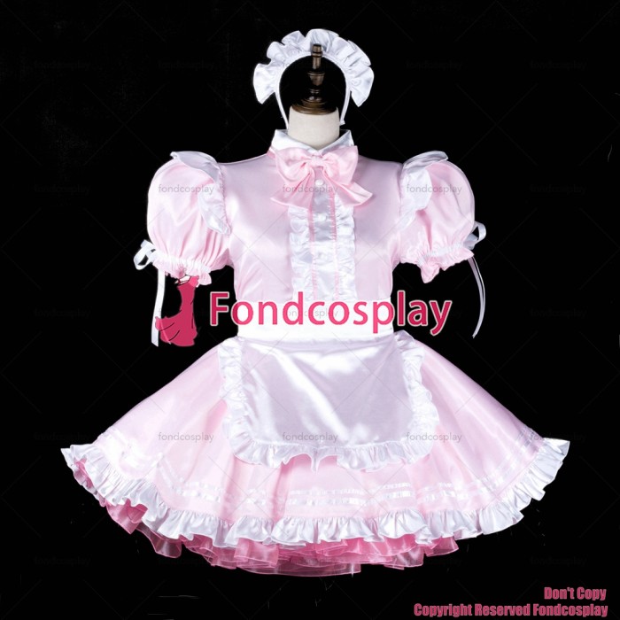 fondcosplay adult sexy cross dressing sissy maid short baby pink satin dress lockable white apron Uniform CD/TV[G2317]