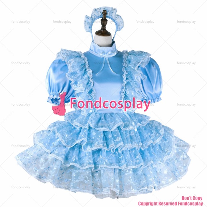 fondcosplay adult sexy cross dressing sissy maid short blue satin dress lockable Uniform cosplay costume CD/TV[G2269]