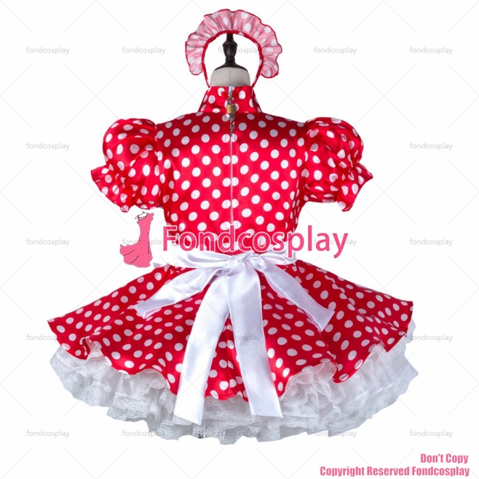 fondcosplay adult sexy cross dressing sissy maid short red Dots satin dress lockable Uniform white apron CD/TV[G2281]