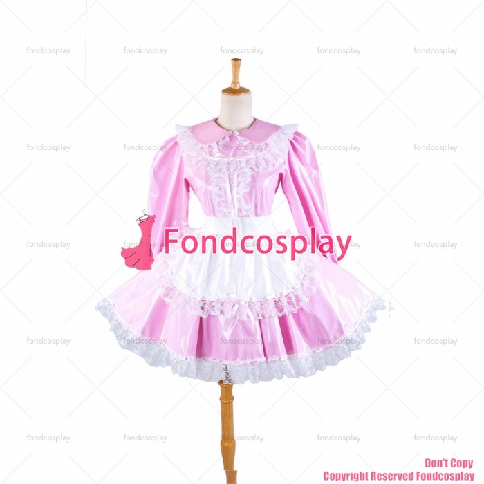 fondcosplay adult sexy cross dressing sissy maid short pink thin Pvc Dress Lockable Uniform Peter Pan collar CD/TV[G287]