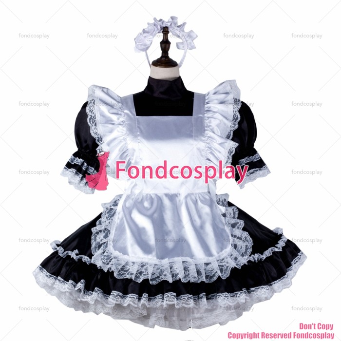 fondcosplay adult sexy cross dressing sissy maid short black satin dress lockable white apron Uniform costume CD/TV[G2337]