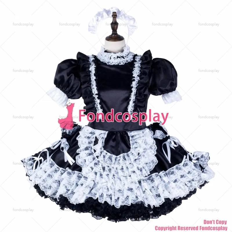 fondcosplay adult sexy cross dressing sissy maid black satin dress lockable lace Uniform cosplay costume CD/TV[G2351]