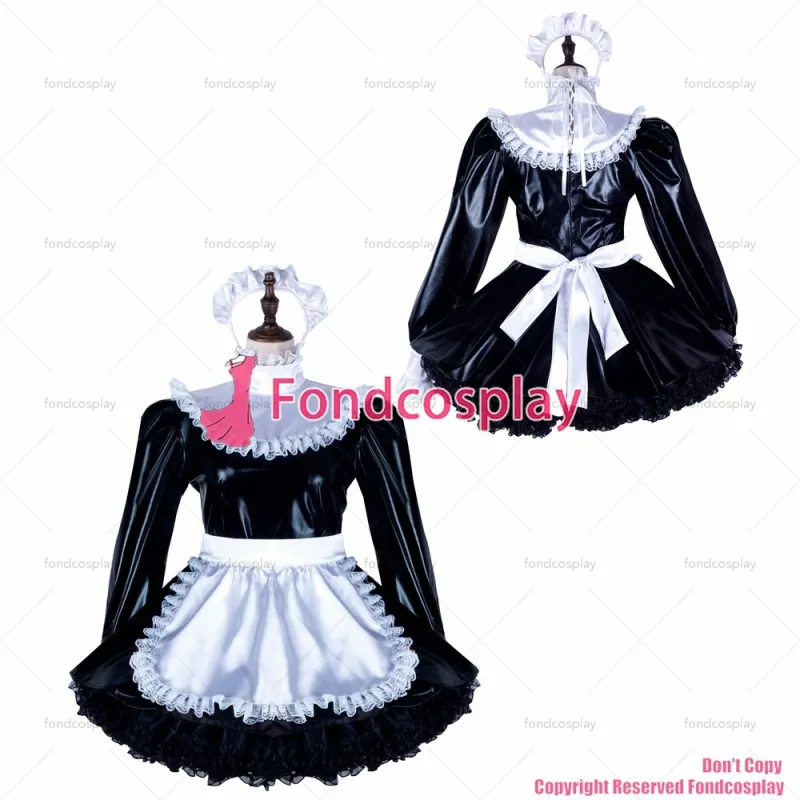fondcosplay adult sexy cross dressing sissy maid Elastic black thin pvc dress lockable Uniform white apron CD/TV[G2348]