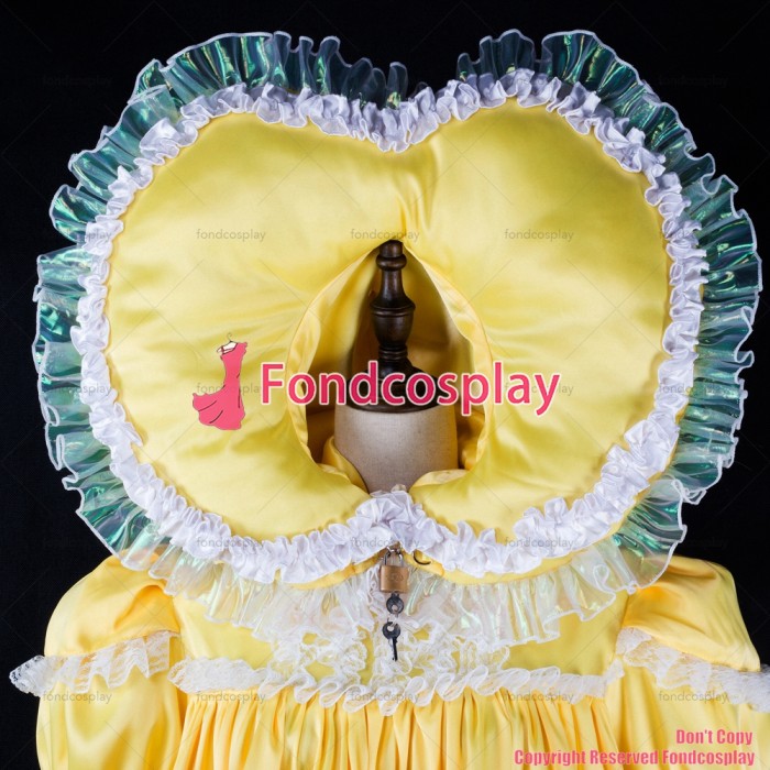 fondcosplay adult sexy cross dressing sissy maid baby yellow Satin Dress lockable heart hood costume CD/TV[G2392]