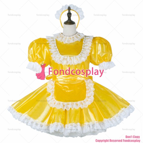 fondcosplay adult sexy cross dressing sissy maid short yellow clear pvc dress lockable Uniform apron costume CD/TV[G2282]