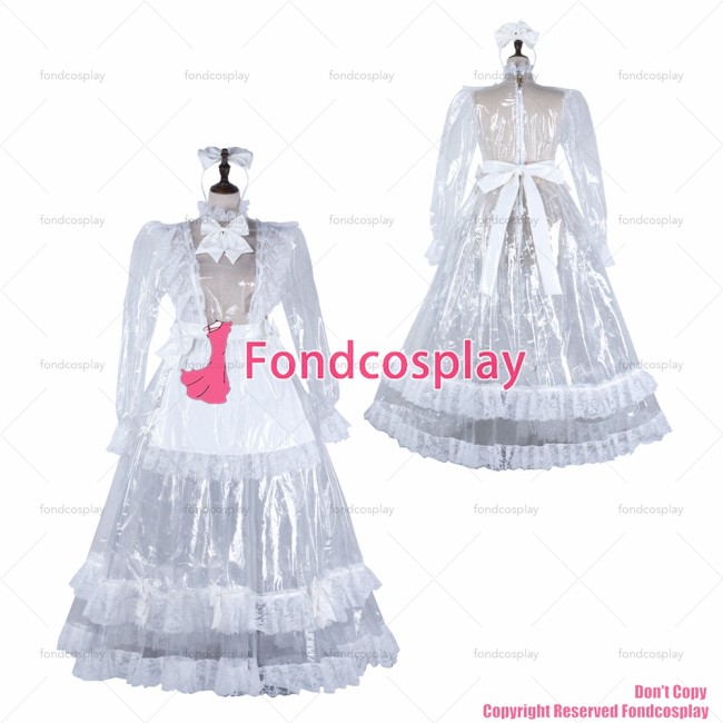 fondcosplay adult sexy cross dressing sissy maid long clear pvc dress lockable Uniform white apron costume CD/TV[G2305]