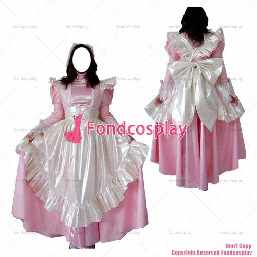 fondcosplay adult sexy cross dressing sissy maid long baby pink thin pvc dress lockable Uniform white apron CD/TV[G2460]