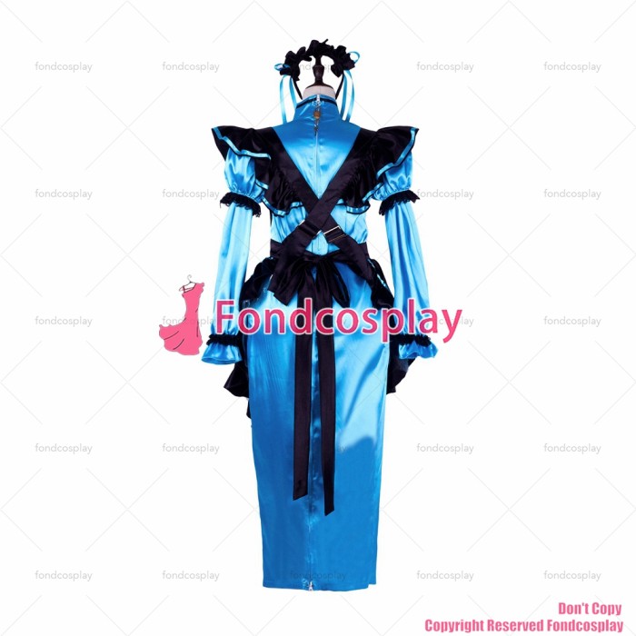 fondcosplay adult sexy cross dressing sissy maid long blue satin dress lockable Uniform black apron costume CD/TV[G2303]
