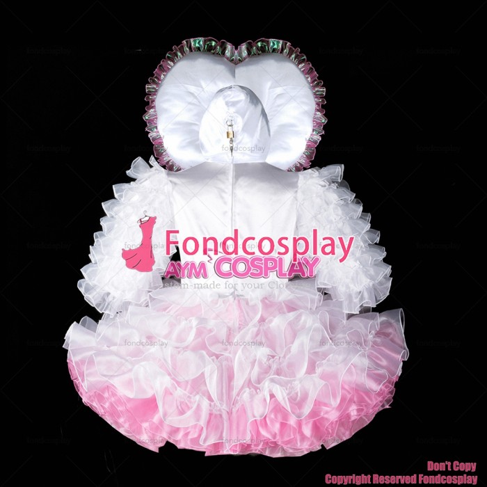 fondcosplay adult sexy cross dressing sissy maid short baby white satin organza dress lockable Heart hood CD/TV[G2398]