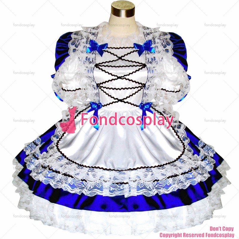 fondcosplay adult sexy cross dressing sissy maid short blue satin dress lockable Uniform white apron costume CD/TV[G286]
