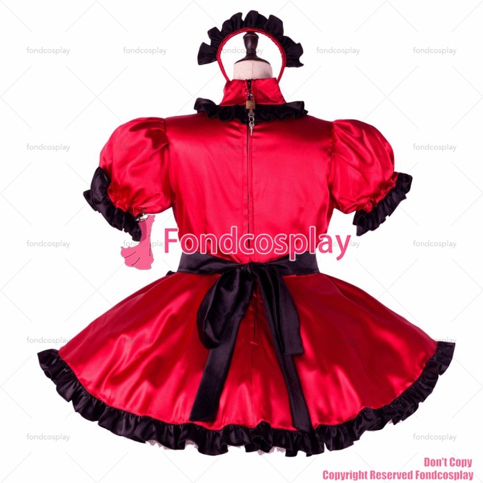 fondcosplay adult sexy cross dressing sissy maid short red satin dress lockable Uniform black apron costume CD/TV[G2260]