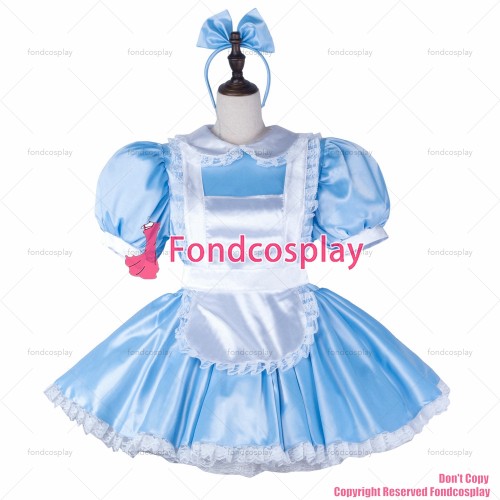 fondcosplay adult sexy cross dressing sissy maid short baby blue satin dress lockable Uniform white apron CD/TV[G2340]