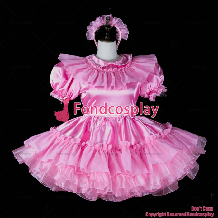 fondcosplay adult sexy cross dressing sissy maid short satin dress lockable pink Uniform costume CD/TV[G2401]