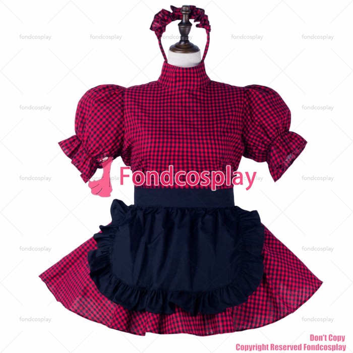 fondcosplay adult sexy cross dressing sissy maid short red cotton dress lockable Uniform black apron costume CD/TV[G2233]