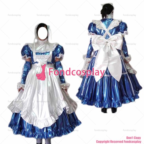 fondcosplay adult sexy cross dressing sissy maid long blue thin pvc dress lockable Uniform white apron CD/TV[G2459]