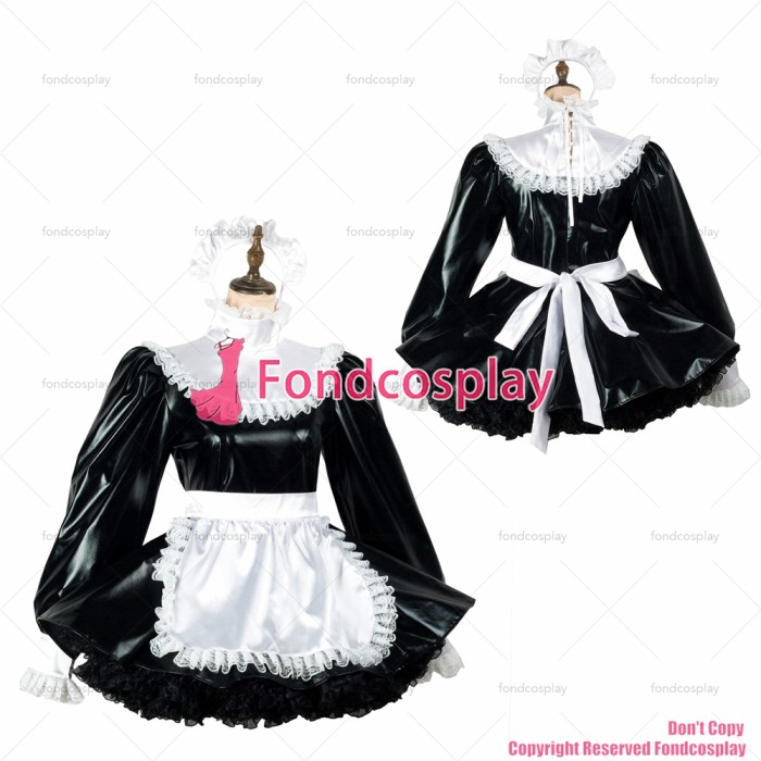 fondcosplay adult sexy cross dressing sissy maid black thin pvc dress lockable Uniform white apron costume CD/TV[G2437]
