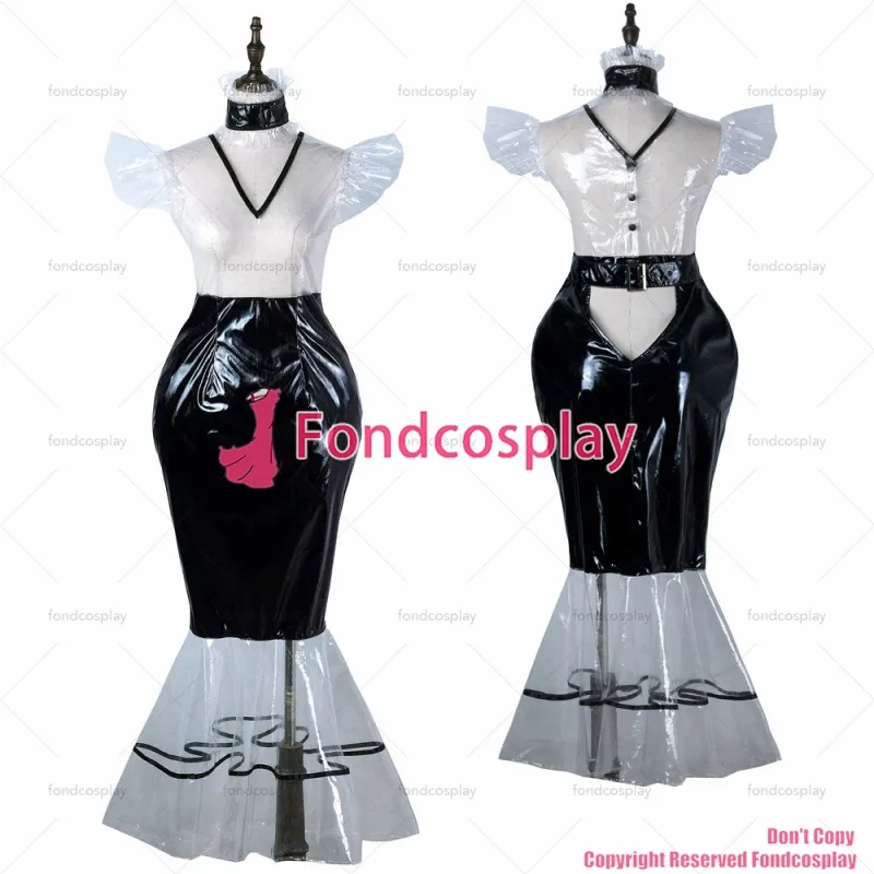 fondcosplay adult sexy cross dressing sissy maid long clear pvc dress lockable Uniform Fish tail costume CD/TV[G2247]