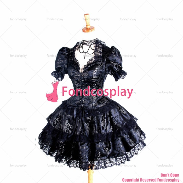 fondcosplay adult sexy cross dressing sissy maid Gothic Lolita Punk Black Satin top skirt Cosplay Costume CD/TV[G250]