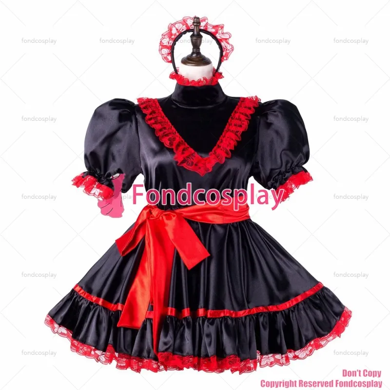 fondcosplay adult sexy cross dressing sissy maid short black satin dress lockable Uniform cosplay costume CD/TV[G2246]