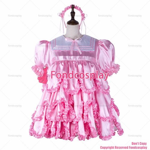 fondcosplay adult sexy cross dressing sissy maid short baby pink satin dress lockable Uniform CD/TV[G2366]