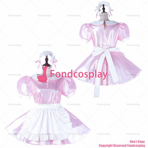 fondcosplay adult sexy cross dressing sissy maid pink clear pvc dress lockable white apron Peter Pan collar CD/TV[G2230]