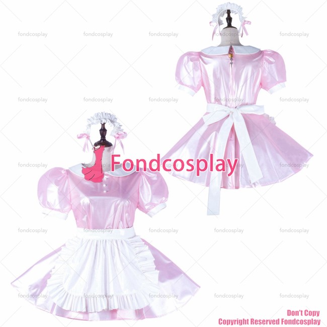 fondcosplay adult sexy cross dressing sissy maid pink clear pvc dress lockable white apron Peter Pan collar CD/TV[G2230]