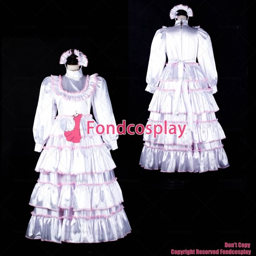 fondcosplay adult sexy cross dressing sissy maid long lolita white satin dress lockable Uniform costume CD/TV[G2369]