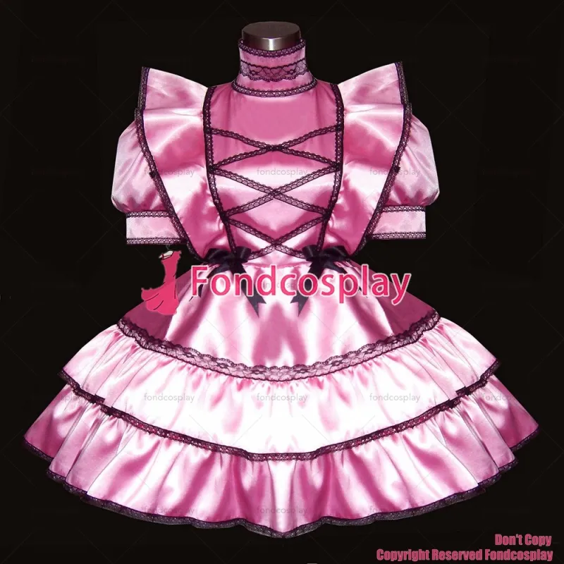 fondcosplay adult sexy cross dressing sissy maid short Satin Pink Dress Lockable Uniform Cosplay Costume CD/TV[G277]