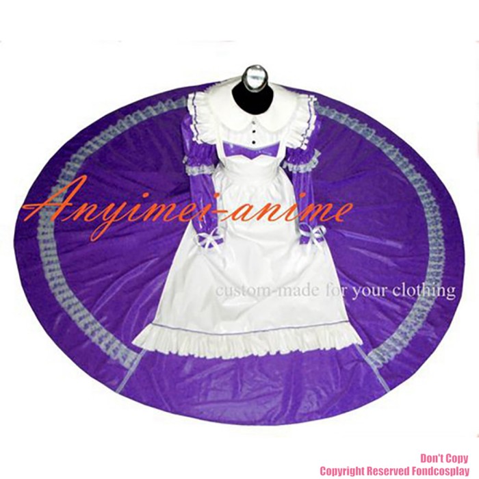 fondcosplay sexy cross dressing sissy maid long purple thin PVC dress lockable Uniform white apron costume CD/TV[G263]