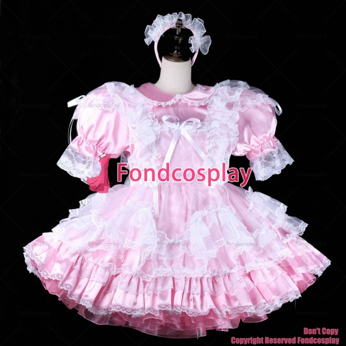 fondcosplay adult sexy cross dressing sissy maid short baby pink satin dress lockable Uniform cosplay costume CD/TV[G2314]