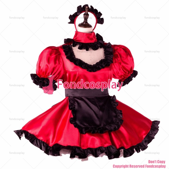 fondcosplay adult sexy cross dressing sissy maid short red satin dress lockable Uniform black apron costume CD/TV[G2260]
