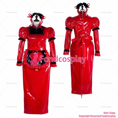 fondcosplay adult sexy cross dressing sissy maid long red heavy pvc dress lockable Uniform Heart apron CD/TV[G2304]