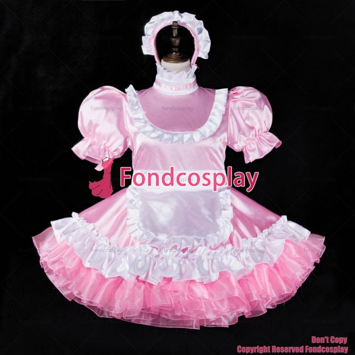 fondcosplay adult sexy cross dressing sissy maid short baby pink satin dress lockable Uniform white apron CD/TV[G2315]