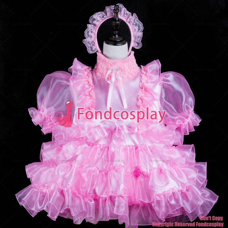 fondcosplay adult sexy cross dressing sissy maid short baby pink satin organza dress lockable Uniform costume CD/TV[G2409]