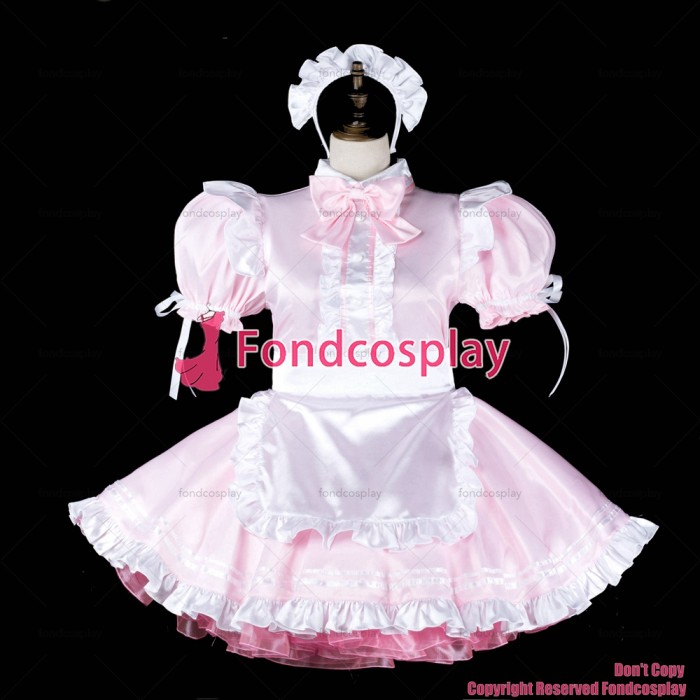 fondcosplay adult sexy cross dressing sissy maid short baby pink satin dress lockable white apron Uniform CD/TV[G2317]
