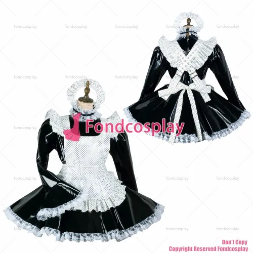 fondcosplay adult sexy cross dressing sissy maid black heavy pvc dress lockable Uniform white apron costume CD/TV[G2452]