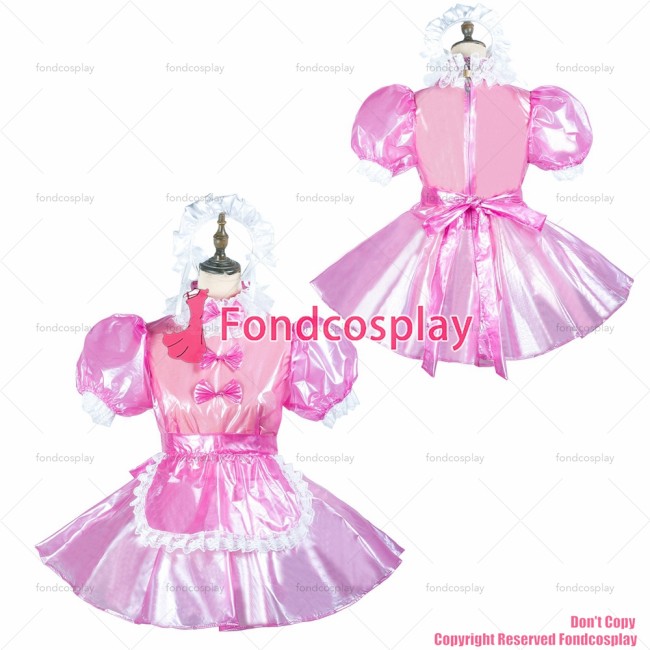 fondcosplay adult sexy cross dressing sissy maid hot pink clear pvc dress lockable Uniform apron costume CD/TV[G2438]