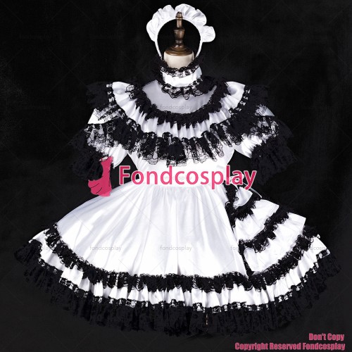 fondcosplay adult sexy cross dressing sissy maid short white satin dress black lace lockable Uniform costume CD/TV[G2328]
