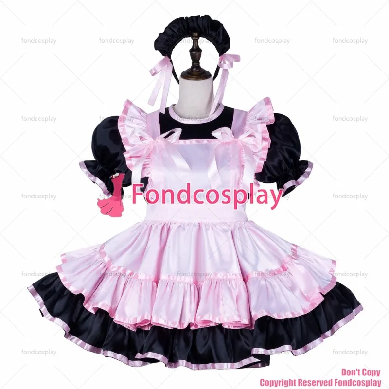 fondcosplay adult sexy cross dressing sissy maid short black satin dress lockable Uniform baby pink apron CD/TV[G2250]