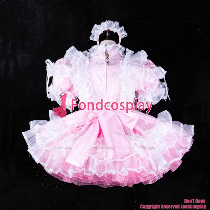 fondcosplay adult sexy cross dressing sissy maid short baby pink satin dress lockable Uniform cosplay costume CD/TV[G2313]