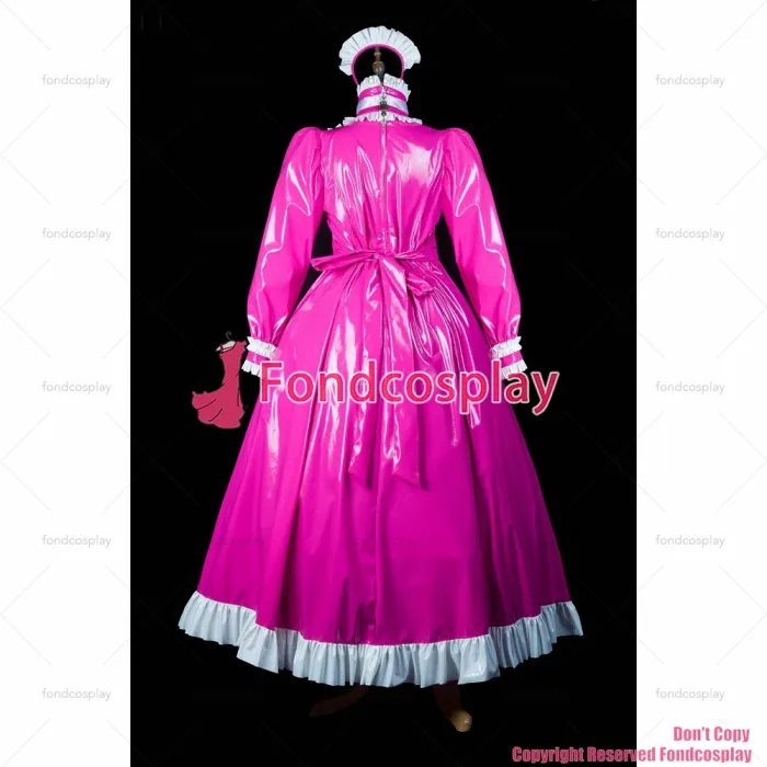 fondcosplay adult sexy cross dressing sissy maid long hot pink pvc dress lockable Uniform cosplay costume CD/TV[G2416]