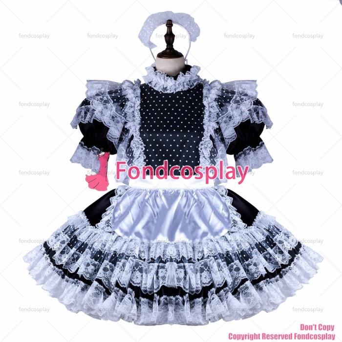 fondcosplay adult sexy cross dressing sissy maid short black satin dress lockable white apron Uniform costume CD/TV[G2349]