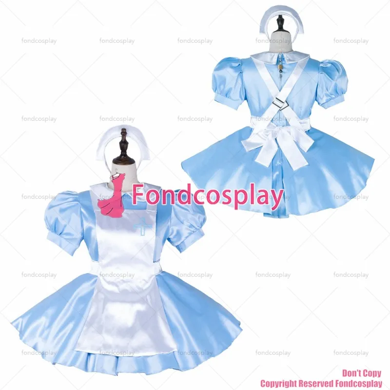 fondcosplay adult sexy cross dressing sissy maid short baby blue satin dress lockable Uniform white apron CD/TV[G2253]