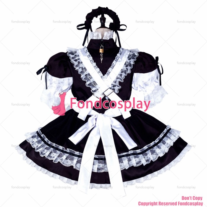 fondcosplay adult sexy cross dressing sissy maid short black satin dress lockable Uniform white apron costume CD/TV[G2256]