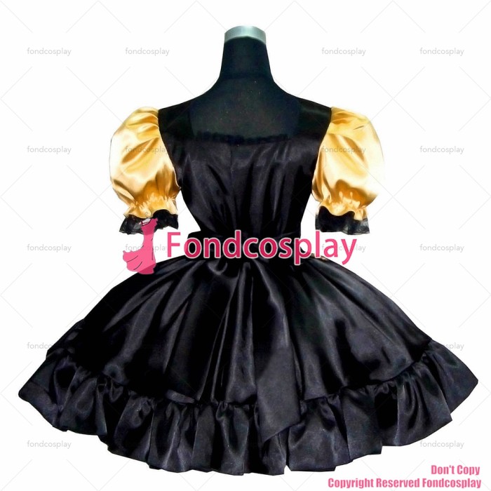 fondcosplay adult sexy cross dressing sissy maid short Gold Balck Satin Dress Lockable Uniform apron Costume CD/TV[G276]