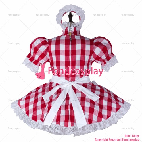 fondcosplay adult sexy cross dressing sissy maid red lattice cotton dress lockable Uniform white apron CD/TV[G2354]