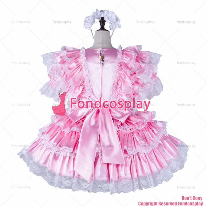 fondcosplay adult sexy cross dressing sissy maid baby pink satin dress lockable Uniform cosplay costume CD/TV[G2263]